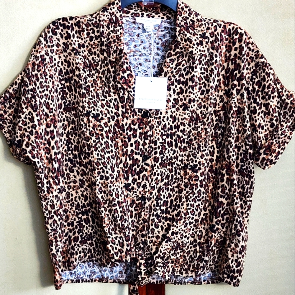 Animal Print Waist Tie Camp Shirt M